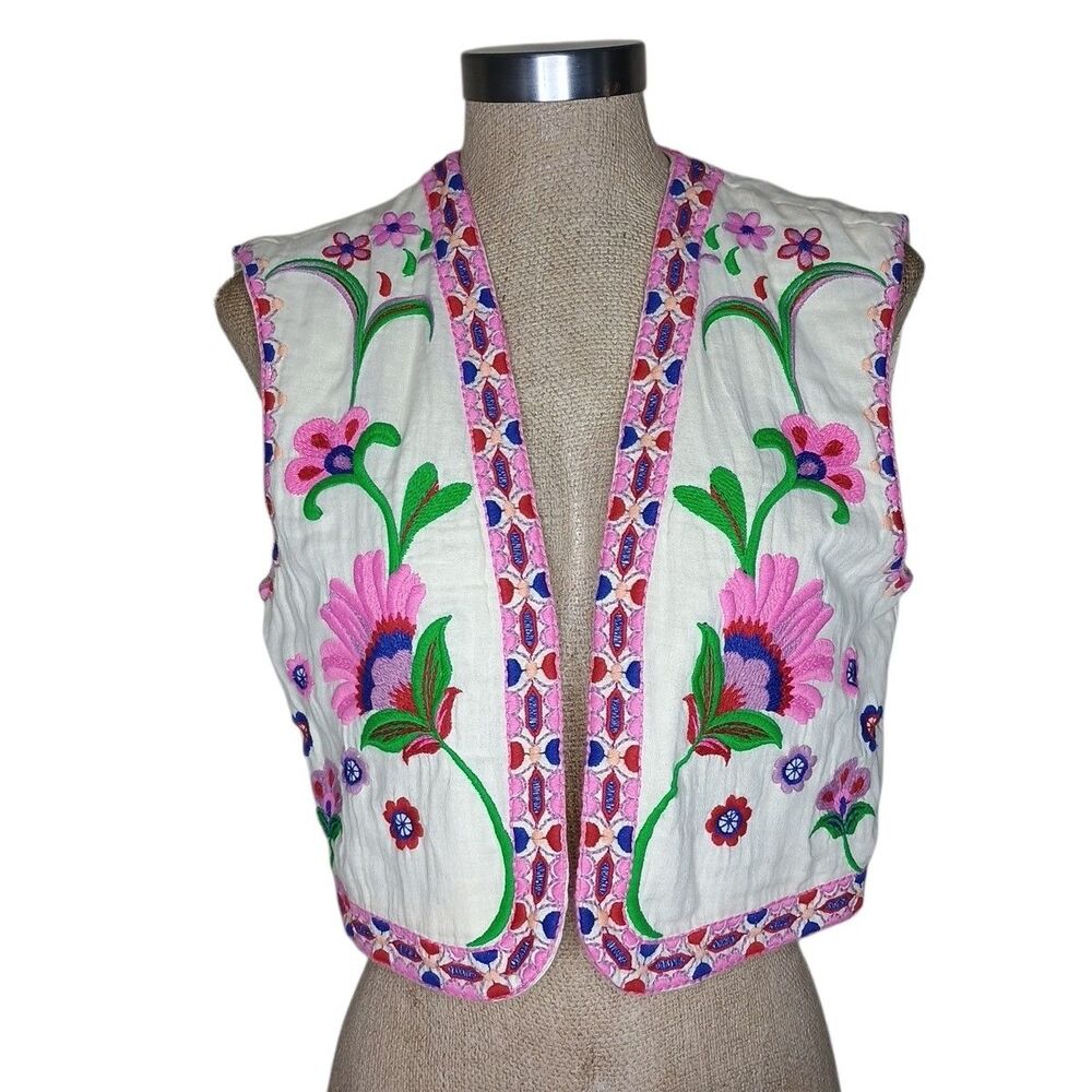 Women's Boho Vest Sz S Cream Floral Colorful Embroidery Folk Festival Unbranded